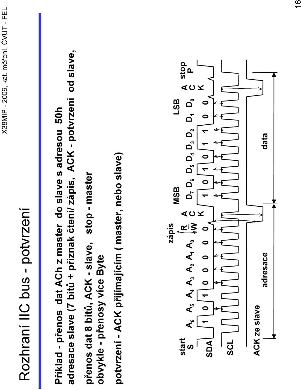 více Byte potvrzení - ACK přijímajícím ( master, nebo slave) start S SDA A 6 A 5 A 4 A 3 A 2 A 1 A 0 zápis 1 0 1 0