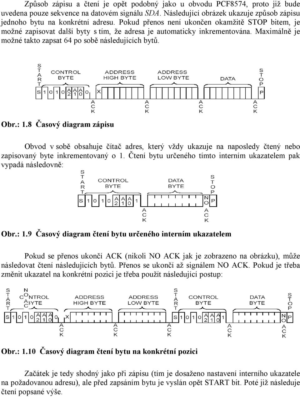 8 Časový diagram zápisu Obvod v sobě obsahuje čítač adres, který vždy ukazuje na naposledy čtený nebo zapisovaný byte inkrementovaný o 1.