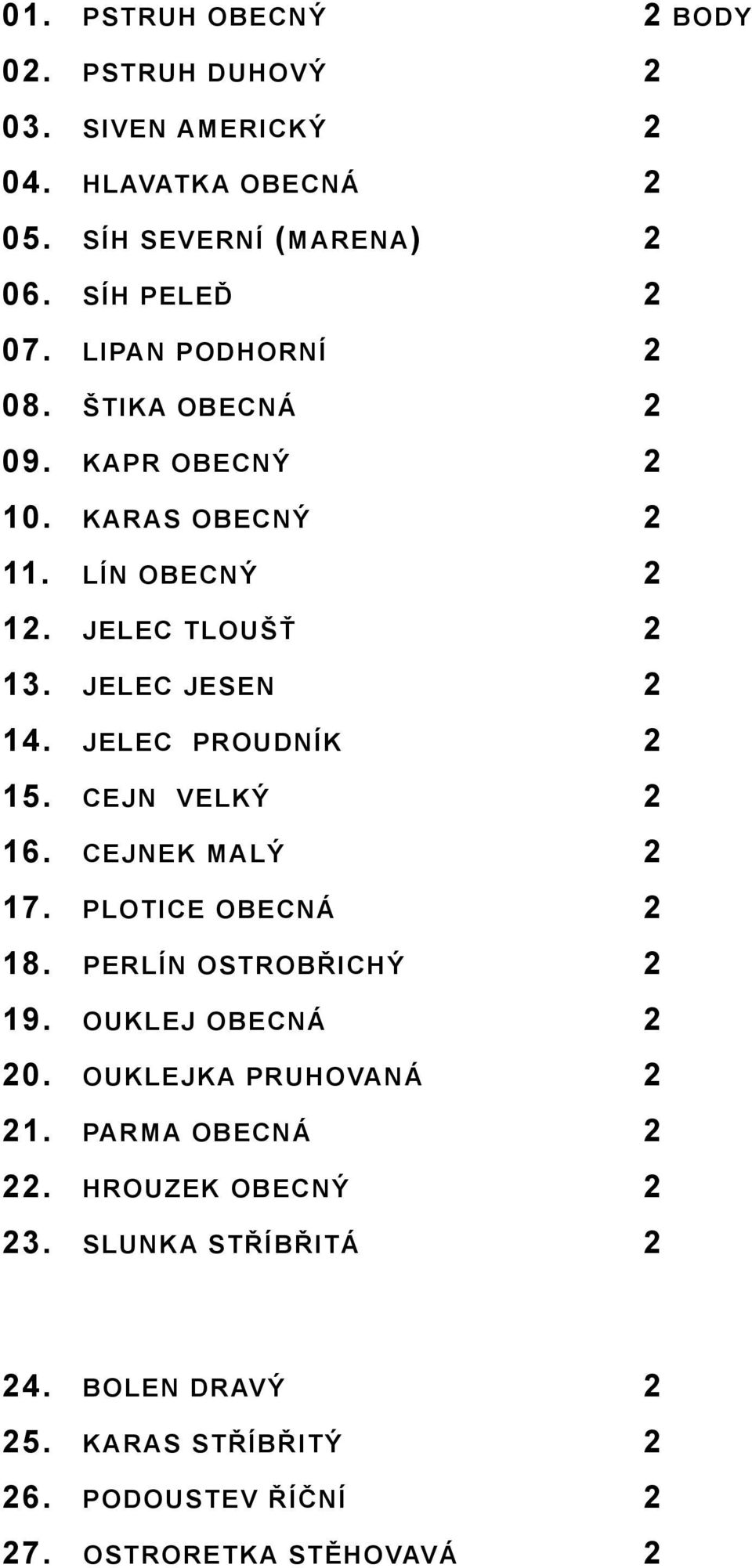 JELEC PROUDNÍK 2 15. CEJN VELKÝ 2 16. CEJNEK MALÝ 2 17. PLOTICE OBECNÁ 2 18. PERLÍN OSTROBŘICHÝ 2 19. OUKLEJ OBECNÁ 2 20.