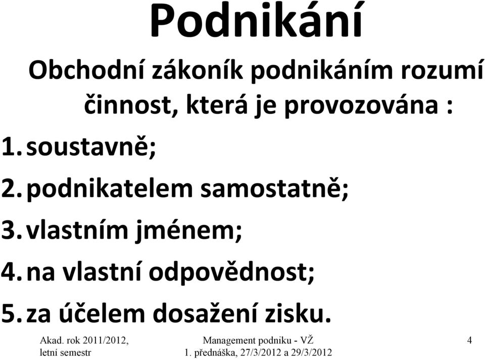 podnikatelem samostatně; 3.vlastním jménem; 4.