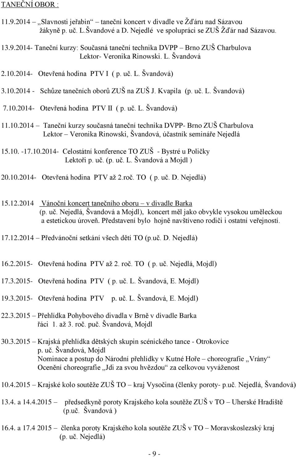 10.2014 Taneční kurzy současná taneční technika DVPP- Brno ZUŠ Charbulova Lektor Veronika Rinowski, Švandová, účastník semináře Nejedlá 15.10. -17.10.2014- Celostátní konference TO ZUŠ - Bystré u Poličky Lektoři p.