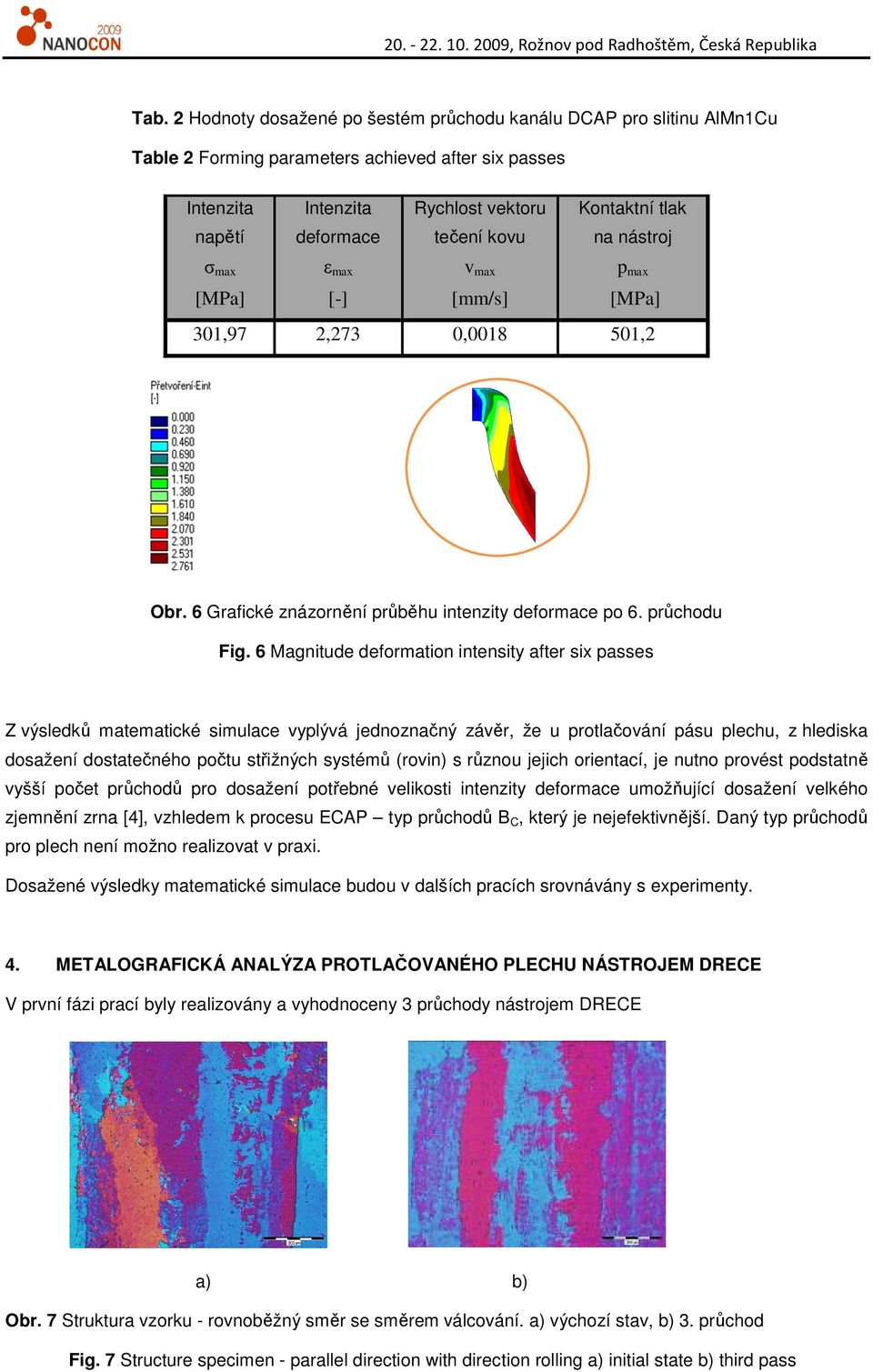 6 Magnitude deformation intensity after six passes Z výsledků matematické simulace vyplývá jednoznačný závěr, že u protlačování pásu plechu, z hlediska dosažení dostatečného počtu střižných systémů