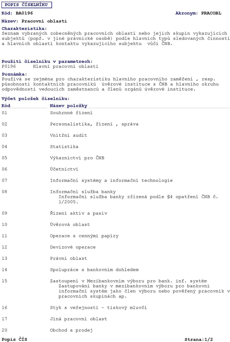 Použití číselníku v parametrech: P0196 Hlavní pracovní oblasti Poznámka: Používá se zejména pro charakteristiku hlavního pracovního zaměření, resp.