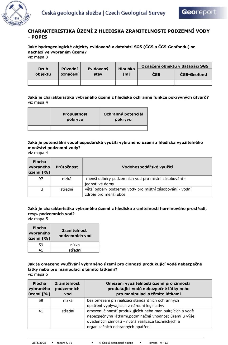 útvarů? viz mapa 4 Propustnost pokryvu Ochranný potenciál pokryvu Jaké je potenciální vodohospodářské využití vybraného území z hlediska využitelného množství podzemní vody?