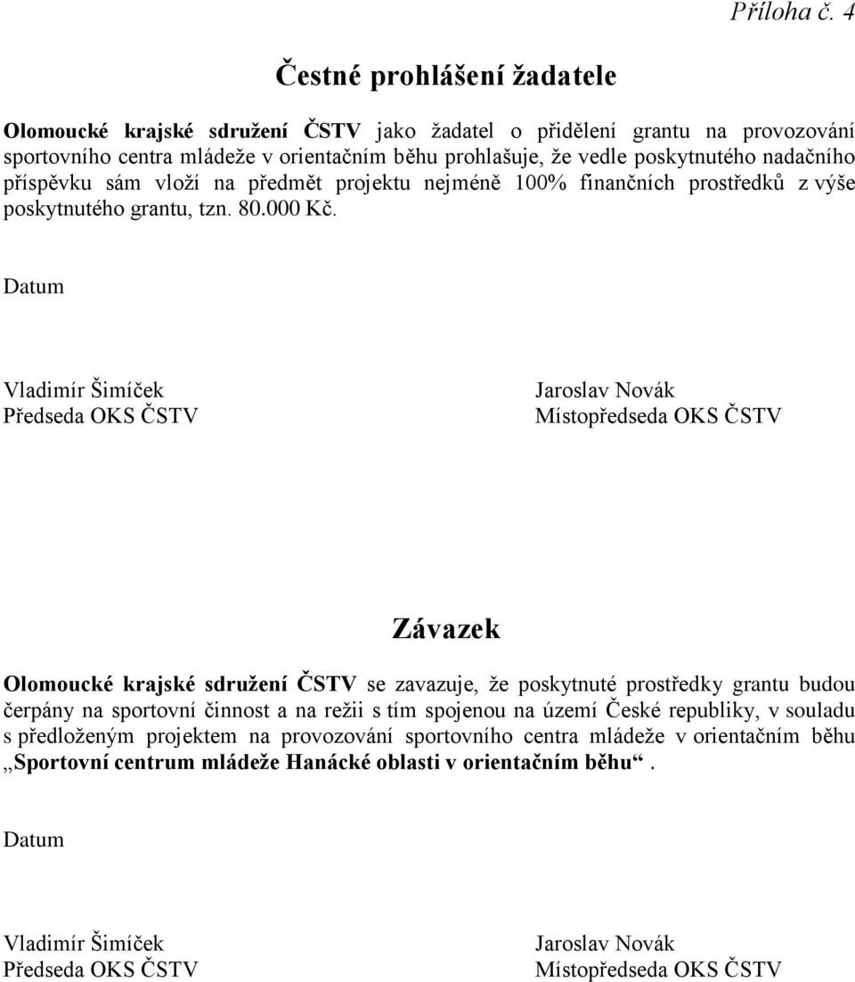 příspěvku sám vloţí na předmět projektu nejméně 100% finančních prostředků z výše poskytnutého grantu, tzn. 80.000 Kč.