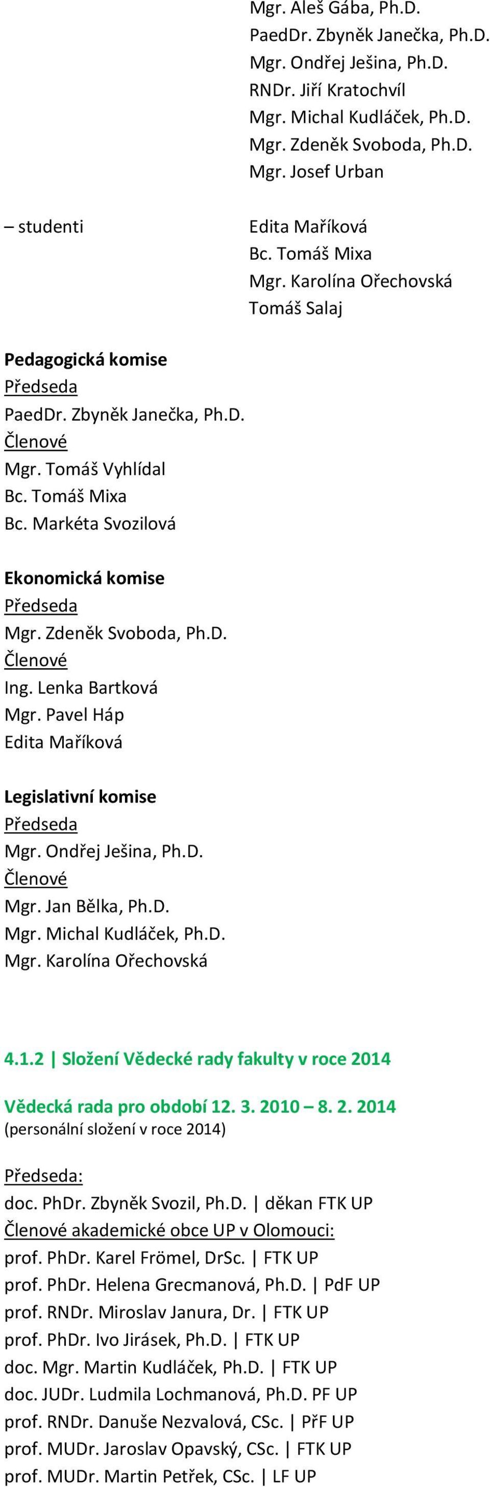 Markéta Svozilová Ekonomická komise Předseda Mgr. Zdeněk Svoboda, Ph.D. Členové Ing. Lenka Bartková Mgr. Pavel Háp Edita Maříková Legislativní komise Předseda Mgr. Ondřej Ješina, Ph.D. Členové Mgr.