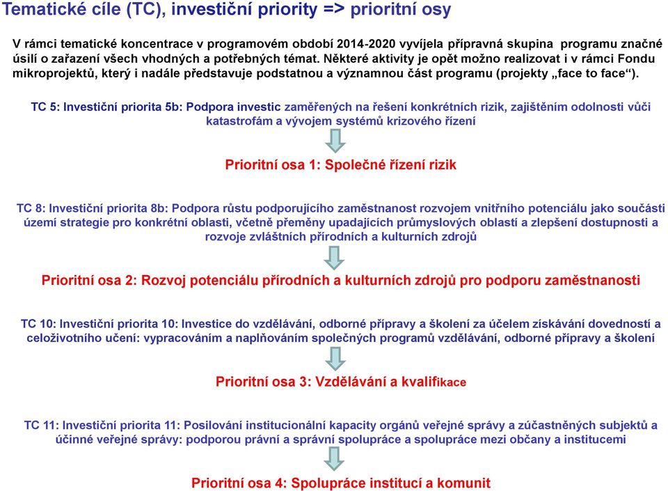 TC 5: Investiční priorita 5b: Podpora investic zaměřených na řešení konkrétních rizik, zajištěním odolnosti vůči katastrofám a vývojem systémů krizového řízení Prioritní osa 1: Společné řízení rizik