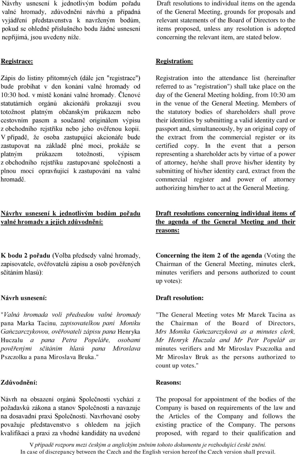 Draft resolutions to individual items on the agenda of the General Meeting, grounds for proposals and relevant statements of the Board of Directors to the items proposed, unless any resolution is