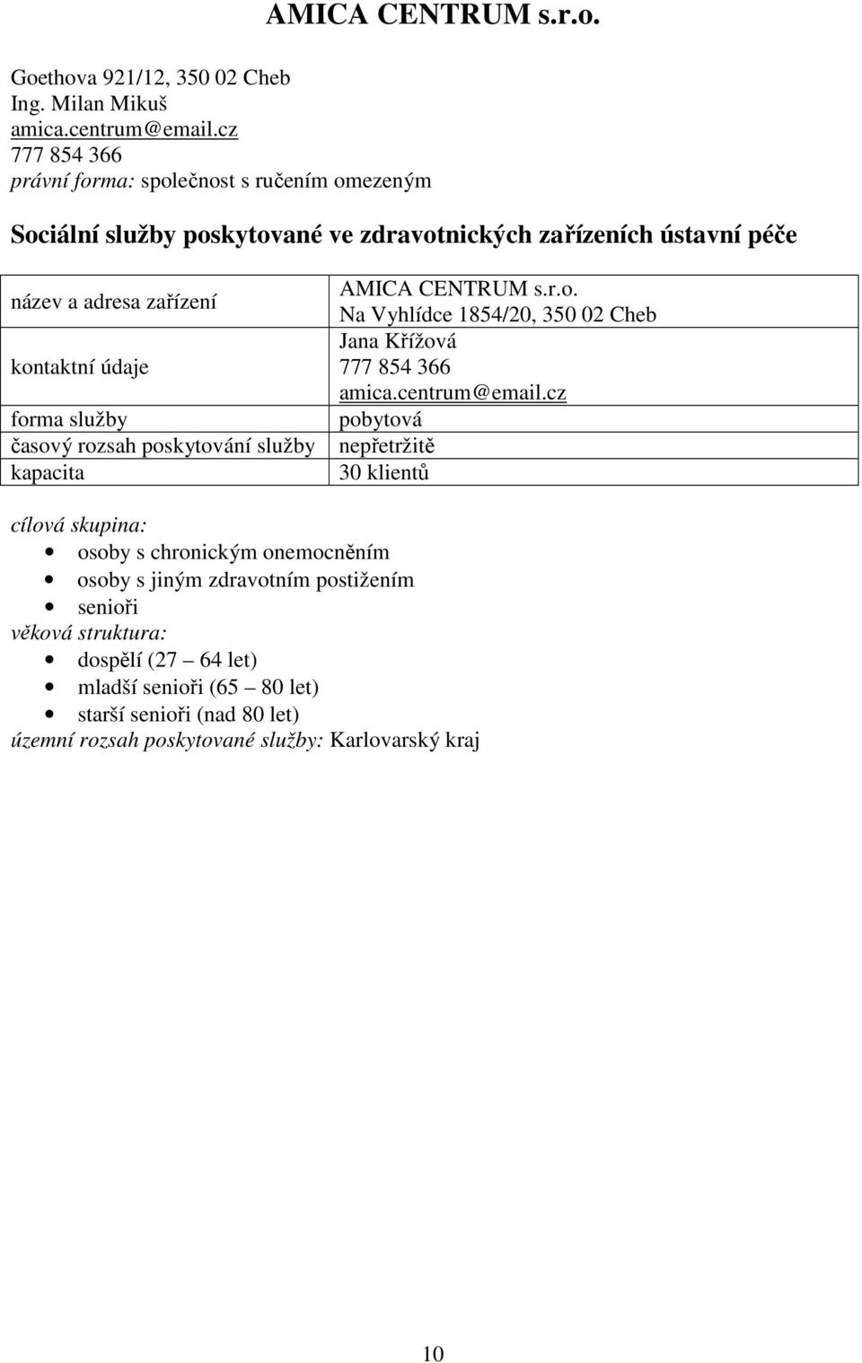 ústavní péče AMICA CENTRUM s.r.o. Na Vyhlídce 1854/20, 350 02 Cheb Jana Křížová 777 854 366 amica.centrum@email.