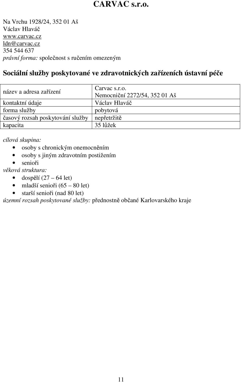 zařízeních ústavní péče Carvac s.r.o.