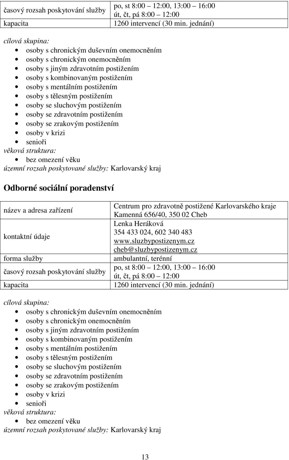 postižením osoby se sluchovým postižením osoby se zdravotním postižením osoby se zrakovým postižením osoby v krizi senioři bez omezení věku územní rozsah poskytované služby: Karlovarský kraj Odborné