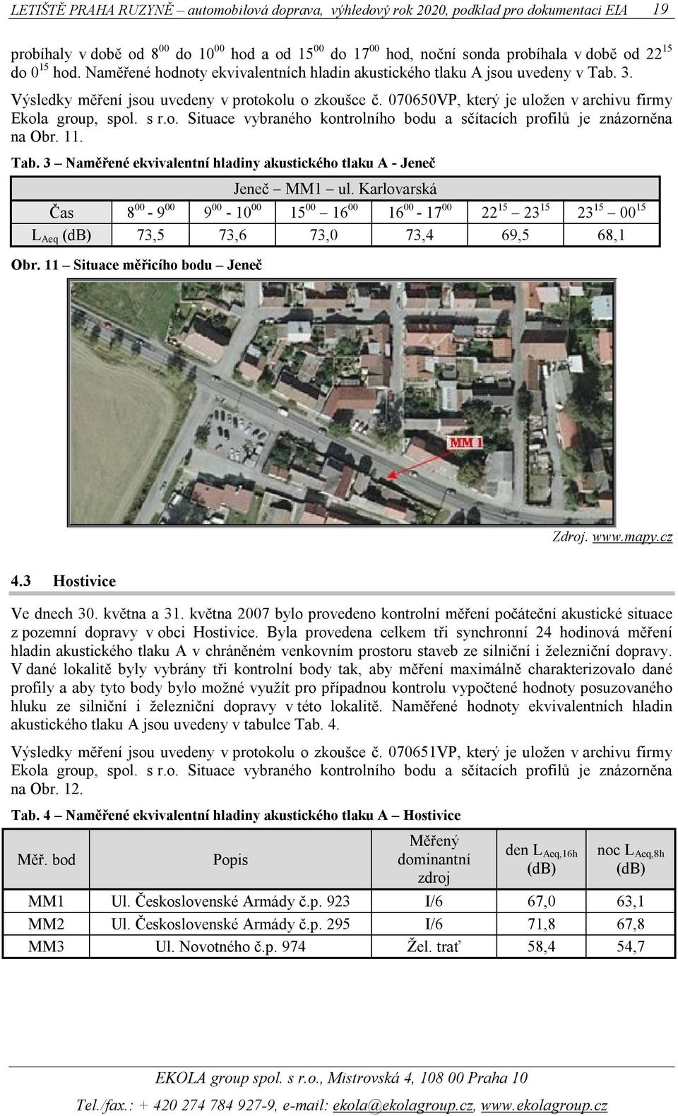 11. Tab. 3 Naměřené ekvivalentní hladiny akustického tlaku A - Jeneč Jeneč MM1 ul.