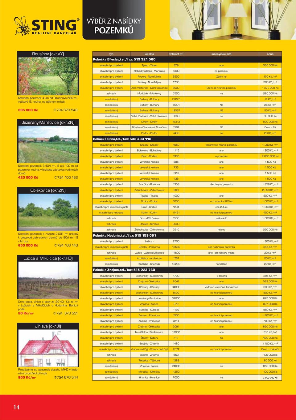 091 m 2 určený k výstavbě zahradních domků do 80ti m 2, IS v bl. poz. 650 000 Kč 724 100 140 Lužice a Mikulčice (okr.