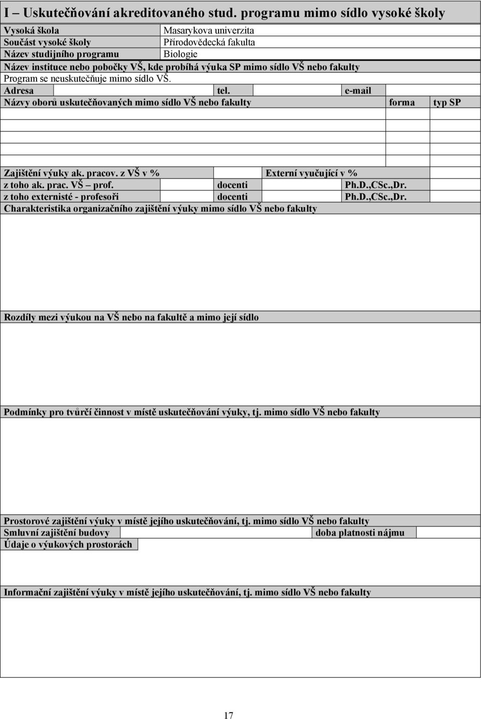 SP mimo sídlo VŠ nebo fakulty Program se neuskutečňuje mimo sídlo VŠ. Adresa tel. e-mail Názvy oborů uskutečňovaných mimo sídlo VŠ nebo fakulty forma typ SP Zajištění výuky ak. pracov.