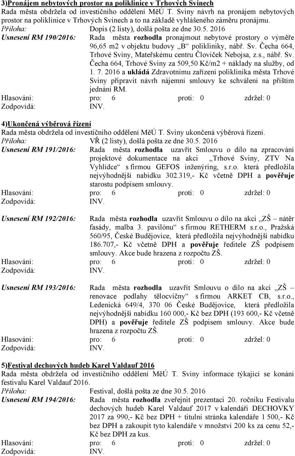 2016 Usnesení RM 190/2016: Rada města rozhodla pronajmout nebytové prostory o výměře 96,65 m2 v objektu budovy B polikliniky, nábř. Sv. Čecha 664, Trhové Sviny, Mateřskému centru Človíček Nebojsa, z.