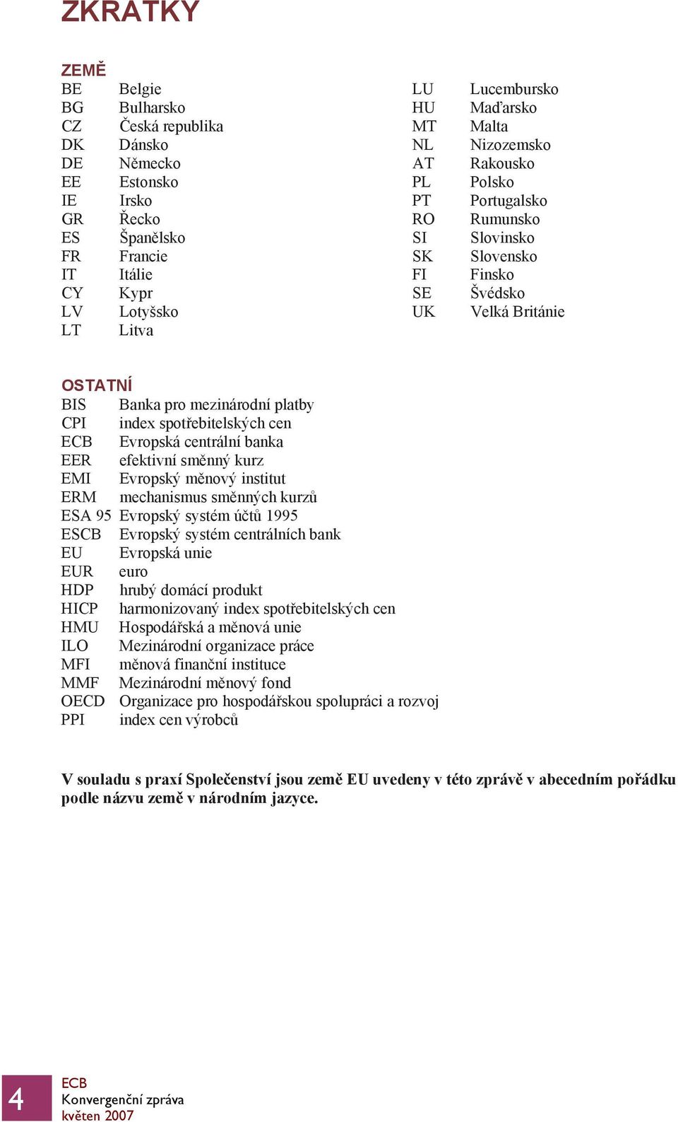 spotřebitelských cen Evropská centrální banka EER efektivní směnný kurz EMI Evropský měnový institut ERM mechanismus směnných kurzů ESA 95 Evropský systém účtů 1995 ESCB Evropský systém centrálních