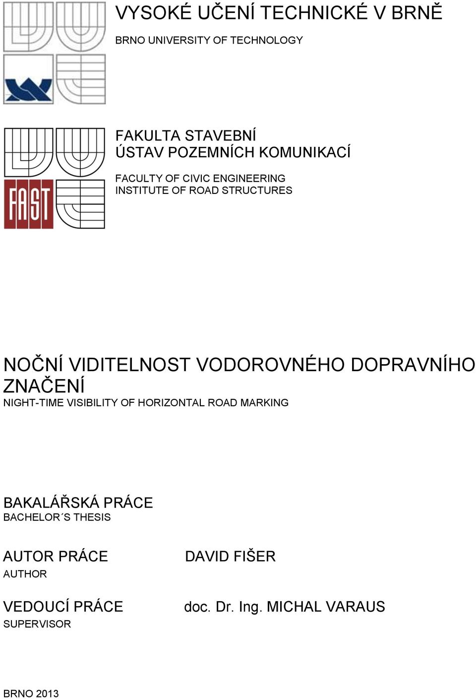 VODOROVNÉHO DOPRAVNÍHO ZNAČENÍ NIGHT-TIME VISIBILITY OF HORIZONTAL ROAD MARKING BAKALÁŘSKÁ PRÁCE