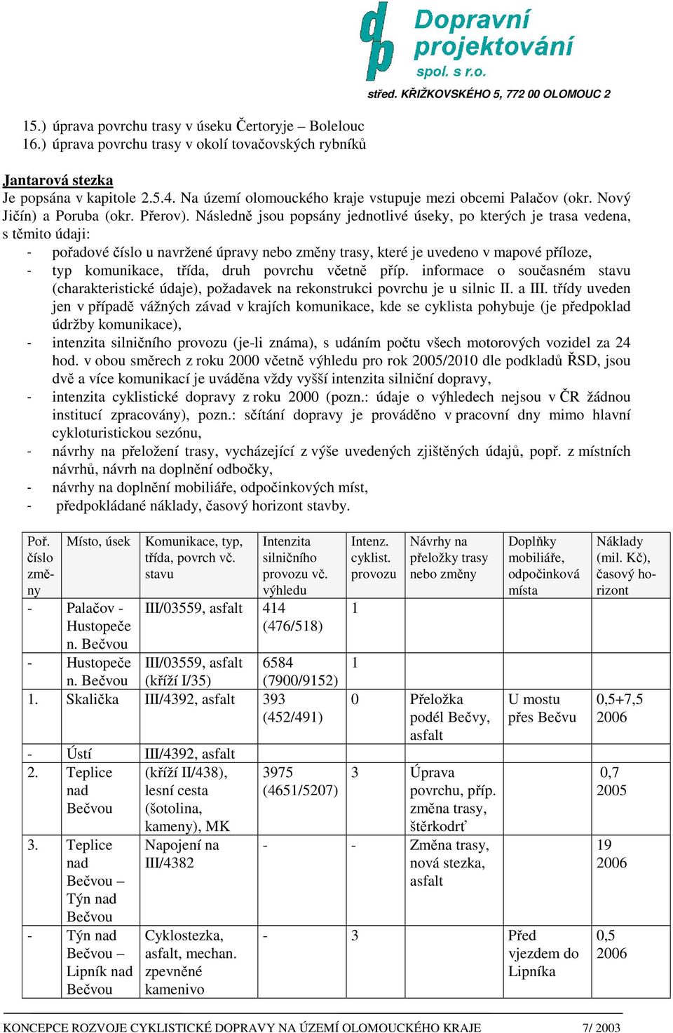 Následně jsou popsány jednotlivé úseky, po kterých je trasa vedena, s těmito údaji: - pořadové číslo u navržené úpravy nebo změny trasy, které je uvedeno v mapové příloze, - typ komunikace, třída,