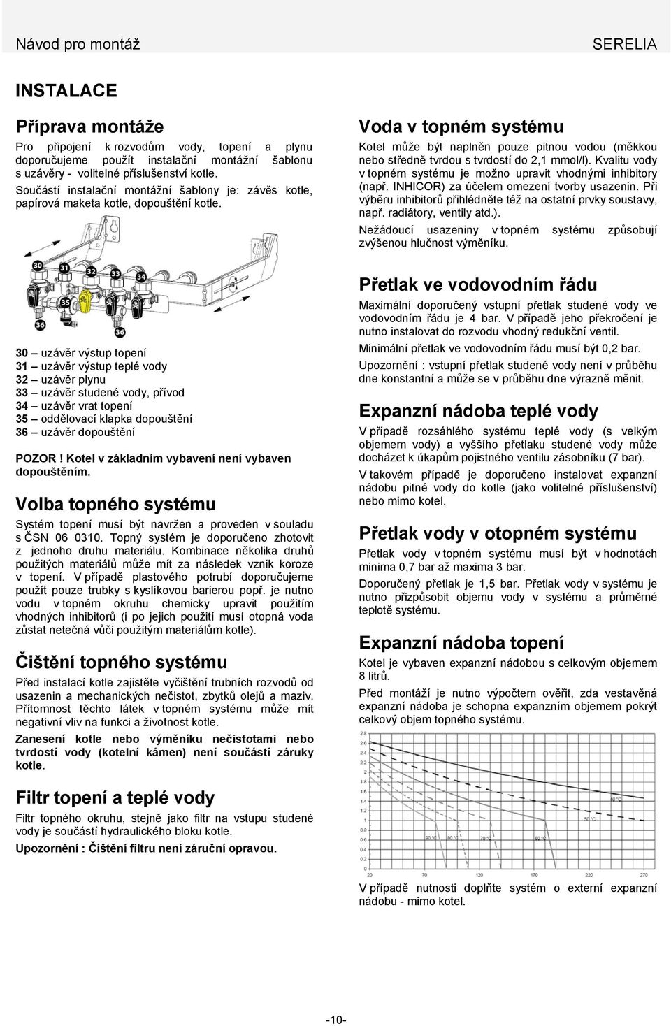 Voda v topném systému Kotel může být naplněn pouze pitnou vodou (měkkou nebo středně tvrdou s tvrdostí do 2,1 mmol/l). Kvalitu vody v topném systému je možno upravit vhodnými inhibitory (např.