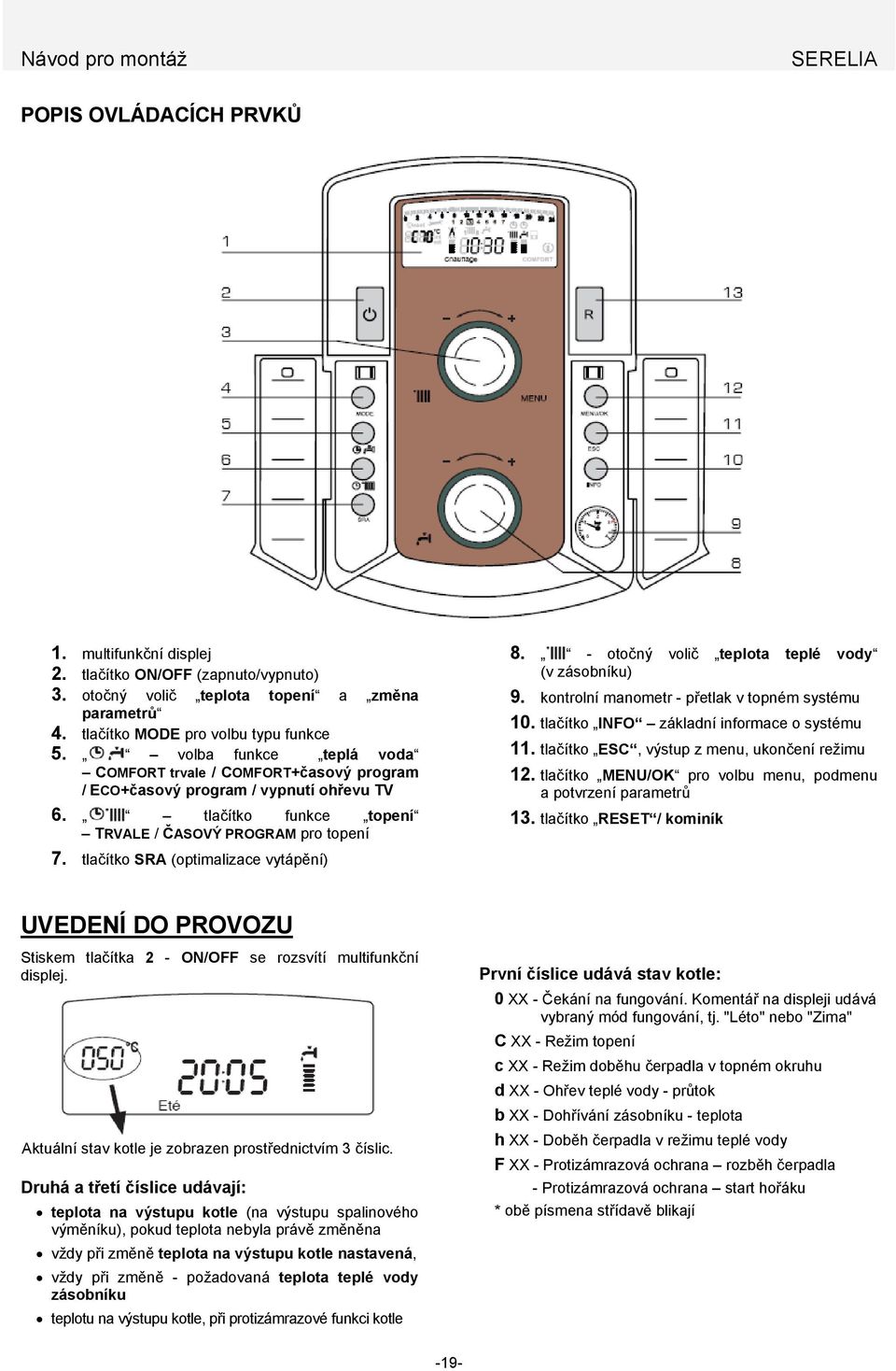 tlačítko SRA (optimalizace vytápění) 8. - otočný volič teplota teplé vody (v zásobníku) 9. kontrolní manometr - přetlak v topném systému 10. tlačítko INFO základní informace o systému 11.