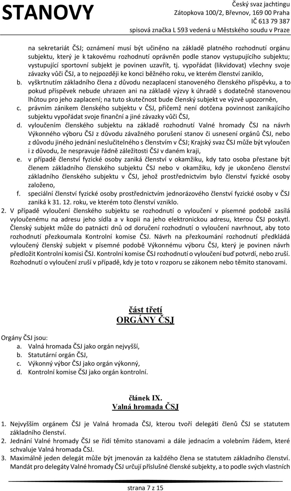 vyškrtnutím základního člena z důvodu nezaplacení stanoveného členského příspěvku, a to pokud příspěvek nebude uhrazen ani na základě výzvy k úhradě s dodatečně stanovenou lhůtou pro jeho zaplacení;