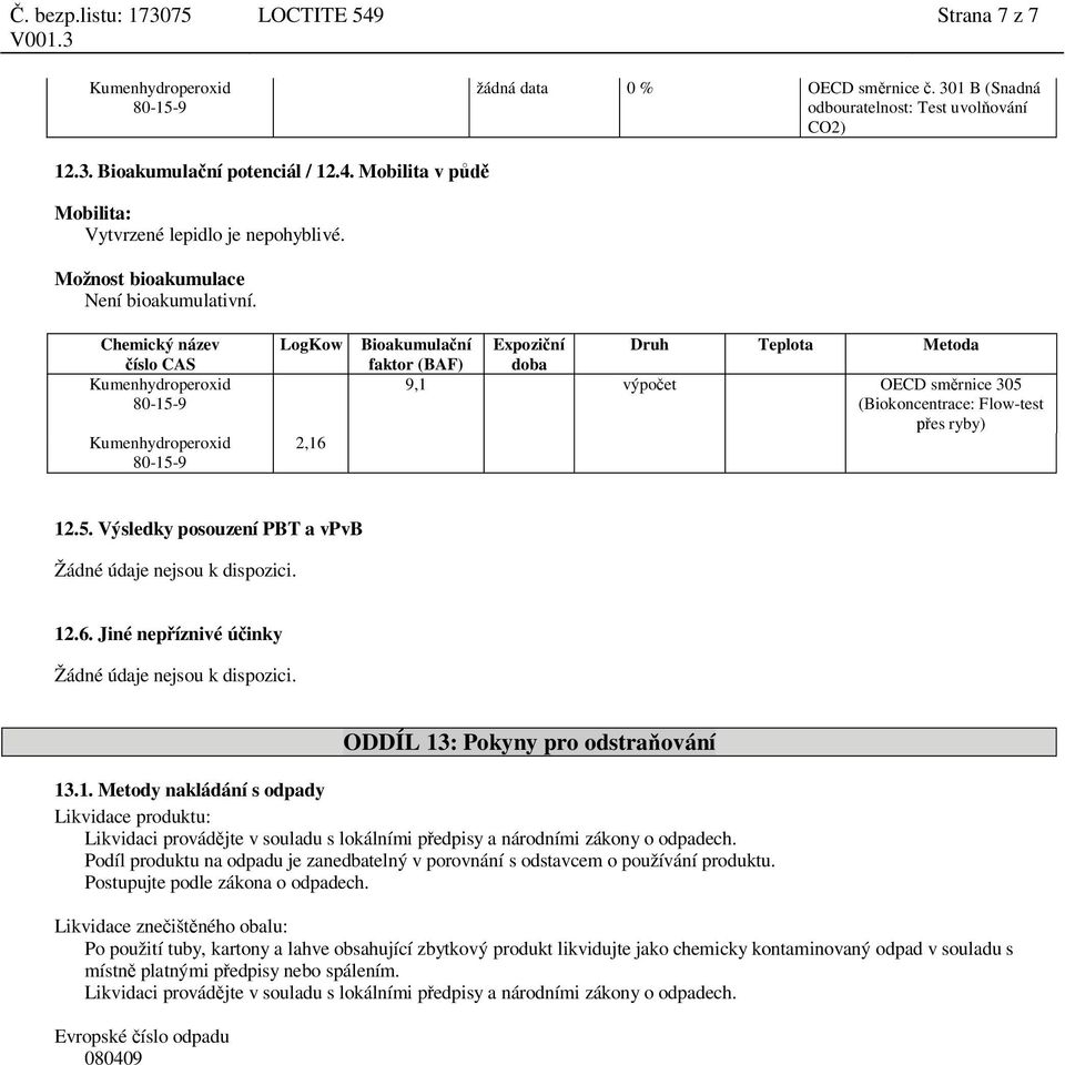 (Biokoncentrace: Flow-test es ryby) 12.5. Výsledky posouzení PBT a vpvb Žádné údaje nejsou k dispozici. 12.6. Jiné nep íznivé ú inky Žádné údaje nejsou k dispozici.