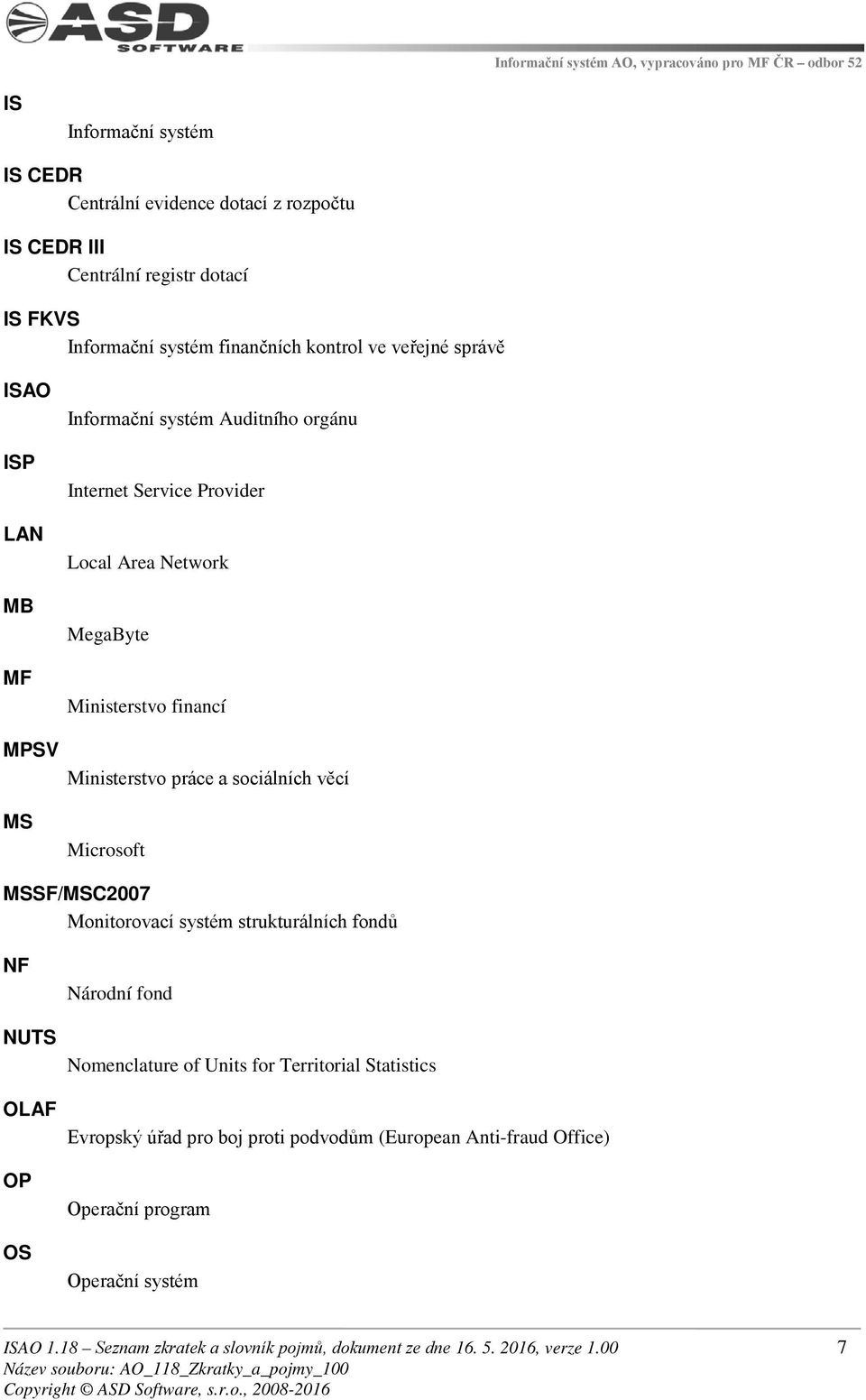 sociálních věcí Microsoft MSSF/MSC2007 Monitorovací systém strukturálních fondů NF NUTS OLAF OP OS Národní fond Nomenclature of Units for Territorial Statistics