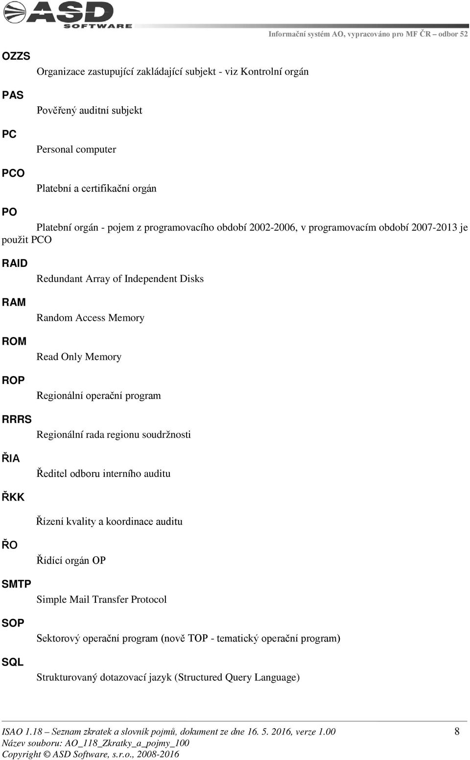 operační program Regionální rada regionu soudržnosti Ředitel odboru interního auditu ŘKK Řízení kvality a koordinace auditu ŘO SMTP SOP SQL Řídící orgán OP Simple Mail Transfer Protocol