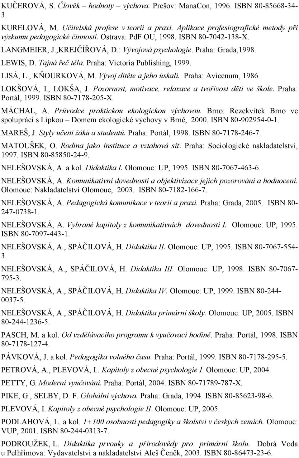 Vývoj dítěte a jeho úskalí. Praha: Avicenum, 1986. LOKŠOVÁ, I., LOKŠA, J. Pozornost, motivace, relaxace a tvořivost dětí ve škole. Praha: Portál, 1999. ISBN 80-7178-205-X. MÁCHAL, A.