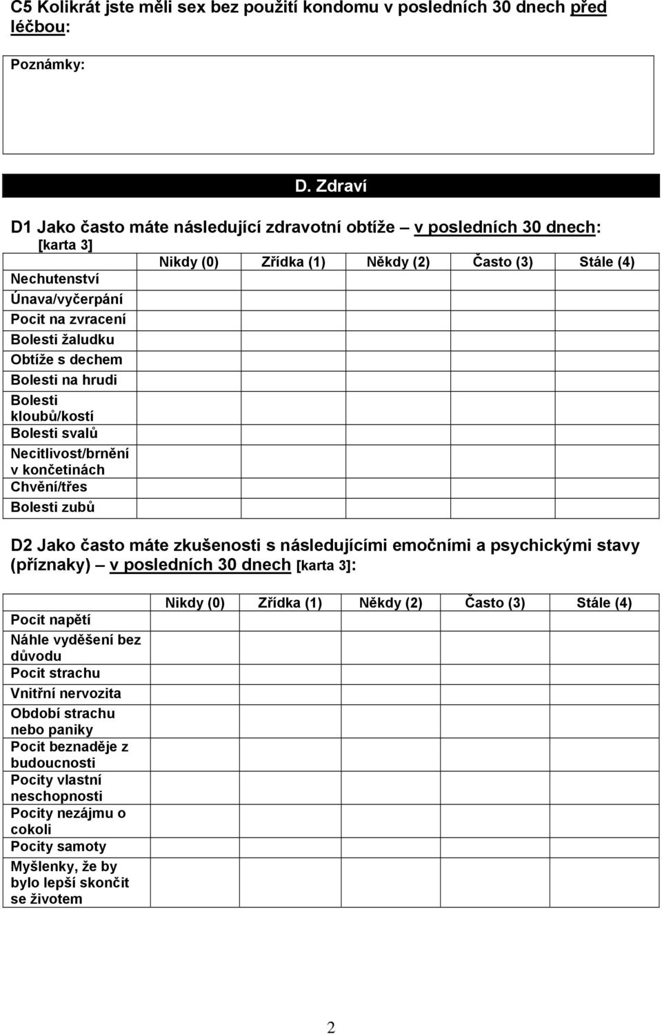 žaludku Obtíže s dechem Bolesti na hrudi Bolesti kloubů/kostí Bolesti svalů Necitlivost/brnění v končetinách Chvění/třes Bolesti zubů D2 Jako často máte zkušenosti s následujícími emočními a