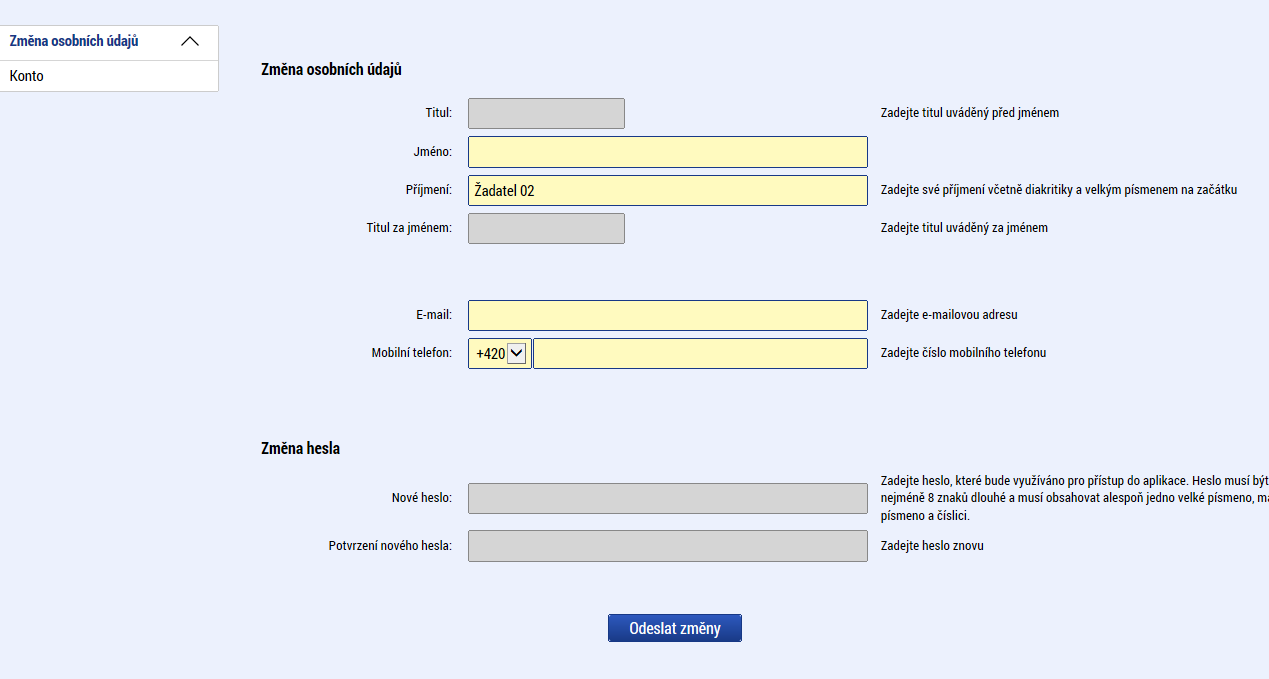 Osobní údaje po zadání uživatelského jména a hesla je možné měnit osobní a kontaktní údaje uživatele. Změna se uloží stiskem tlačítka Odeslat změny.