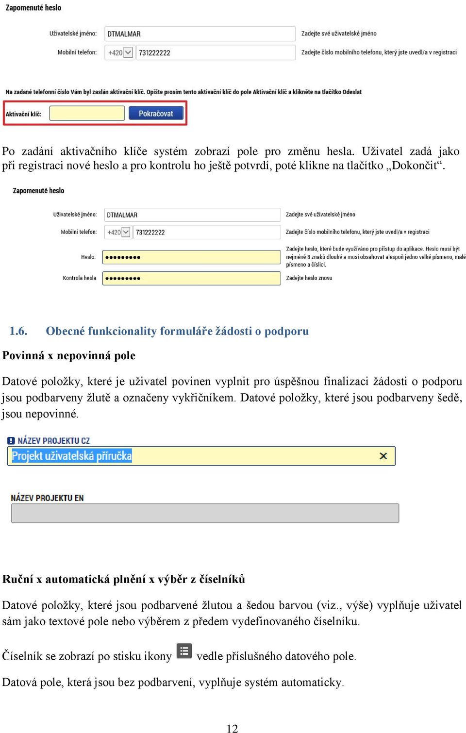 vykřičníkem. Datové položky, které jsou podbarveny šedě, jsou nepovinné. Ruční x automatická plnění x výběr z číselníků Datové položky, které jsou podbarvené žlutou a šedou barvou (viz.