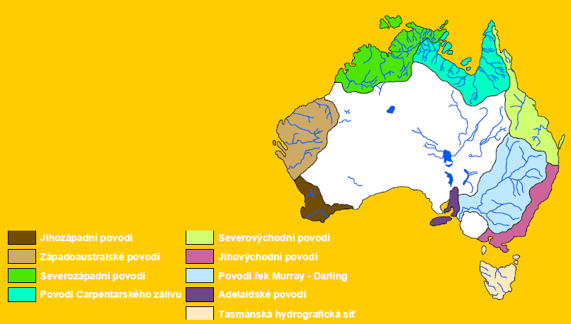 Nejvýznamnější říční systém je povodí řek Murray a Darling Murray délka 2 520 km (Murray-Darling 3 490 km), pramení nedaleko vrcholu Mt.