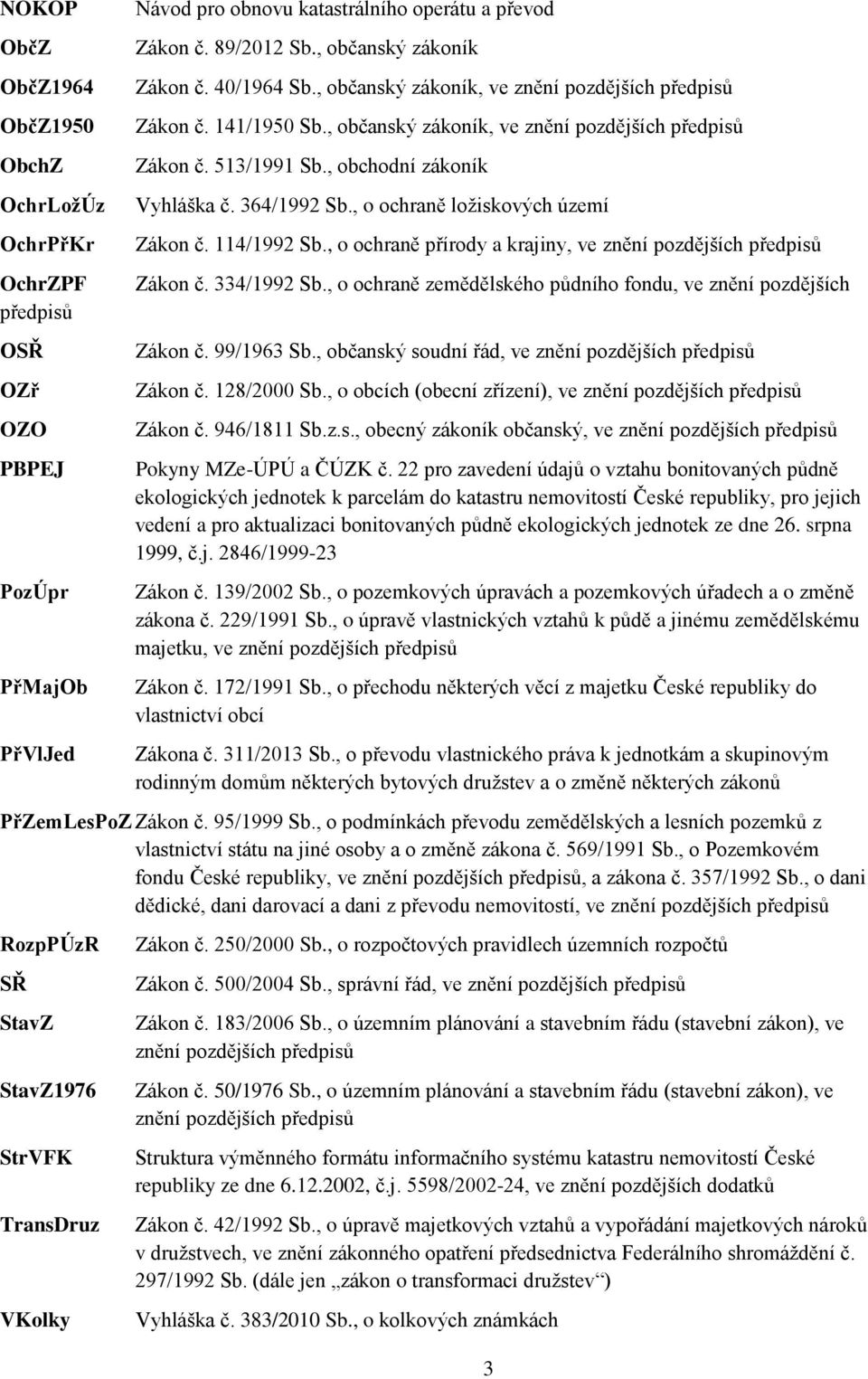 , obchodní zákoník Vyhláška č. 364/1992 Sb., o ochraně ložiskových území Zákon č. 114/1992 Sb., o ochraně přírody a krajiny, ve znění pozdějších předpisů Zákon č. 334/1992 Sb.