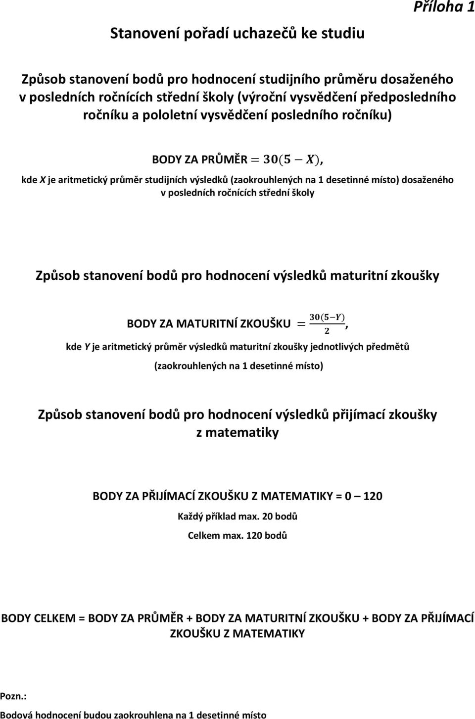 stanovení bodů pro hodnocení výsledků maturitní zkoušky BODY ZA MATURITNÍ ZKOUŠKU, kde Y je aritmetický průměr výsledků maturitní zkoušky jednotlivých předmětů (zaokrouhlených na 1 desetinné místo)