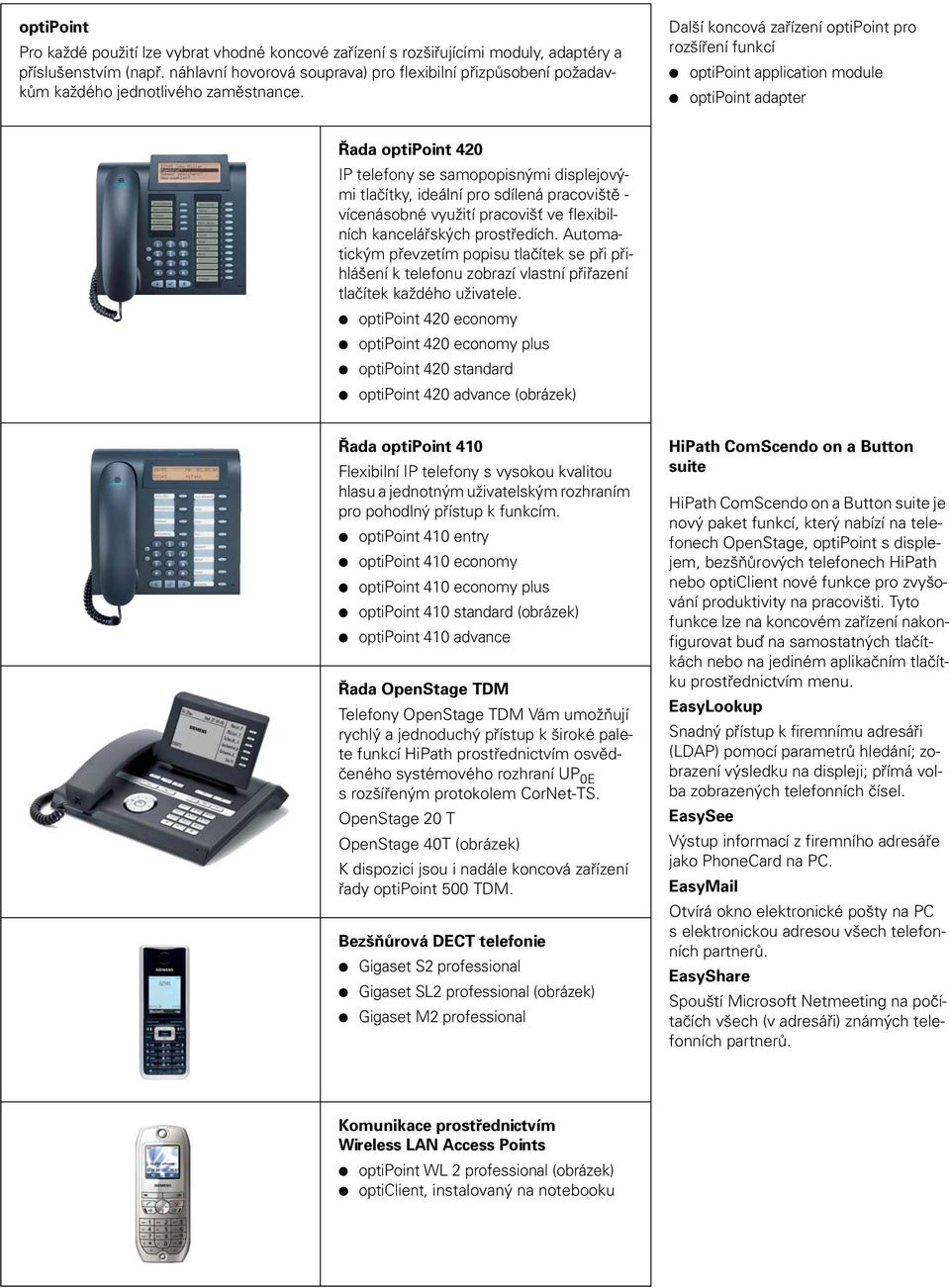 Další koncová zařízení optipoint pro rozšíření funkcí optipoint application module optipoint adapter Řada optipoint 420 IP telefony se samopopisnými displejovými tlačítky, ideální pro sdílená