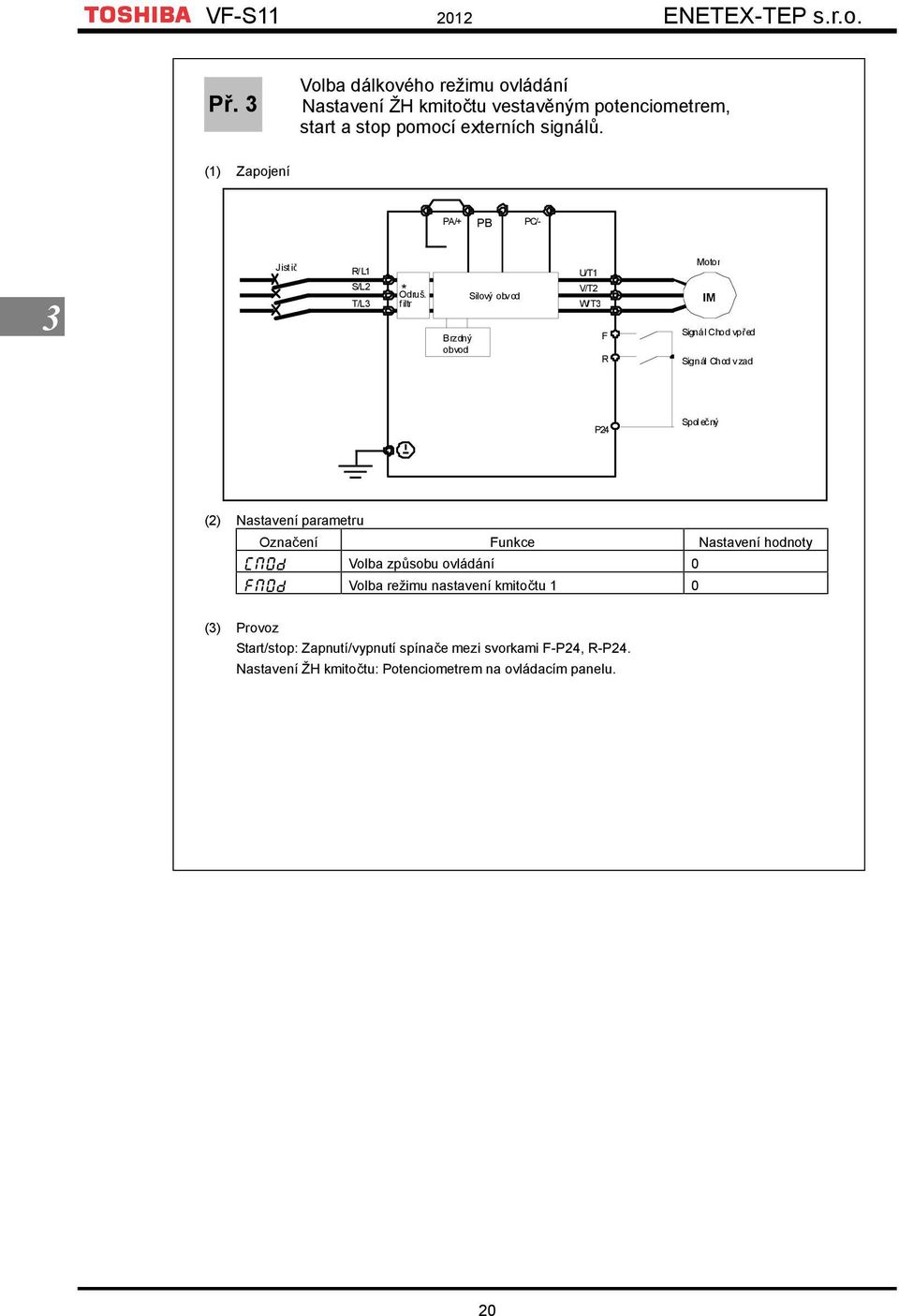 * filtr Brzdný obvod Silový obvod U/T1 V/T2 W/T3 F R Motor IM Signál Chod vpřed Signál Chod vzad P24 Společný (2) Nastavení parametru