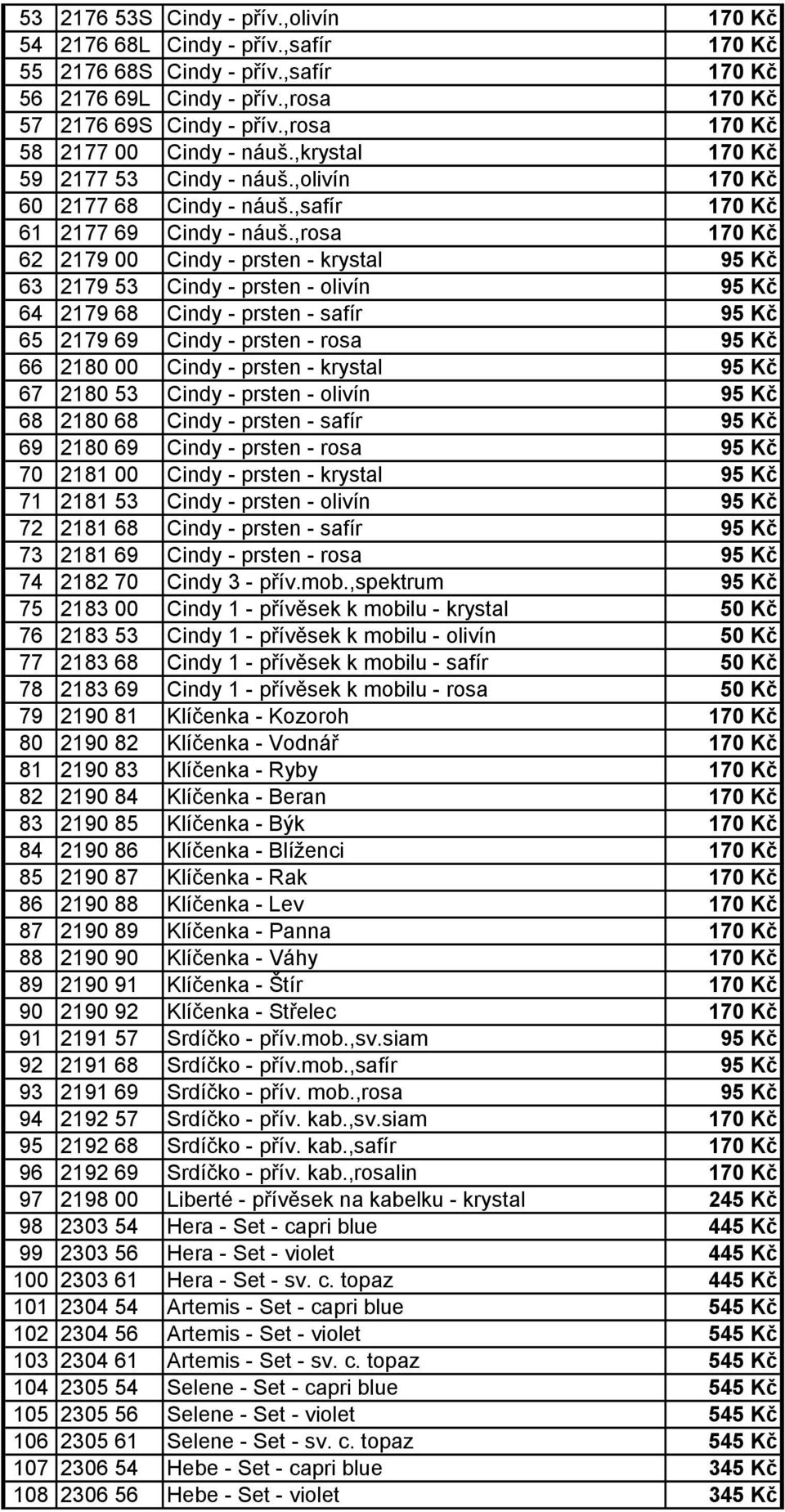 ,rosa 170 Kč 62 2179 00 Cindy - prsten - krystal 95 Kč 63 2179 53 Cindy - prsten - olivín 95 Kč 64 2179 68 Cindy - prsten - safír 95 Kč 65 2179 69 Cindy - prsten - rosa 95 Kč 66 2180 00 Cindy -