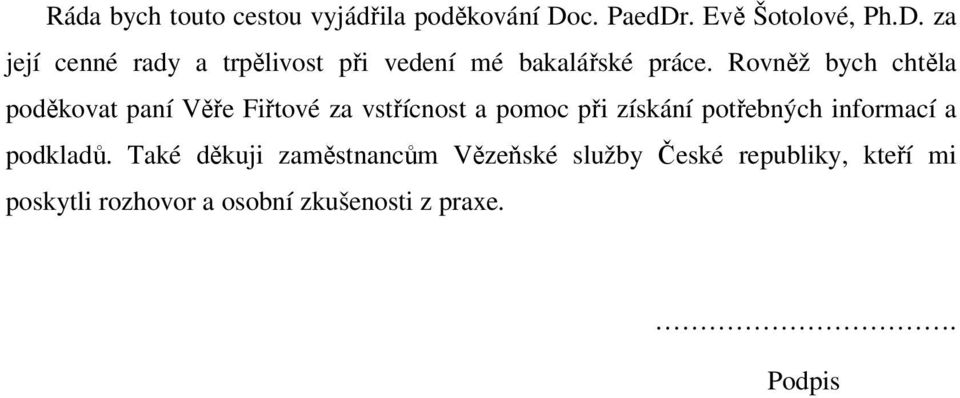 Rovněž bych chtěla poděkovat paní Věře Fiřtové za vstřícnost a pomoc při získání potřebných