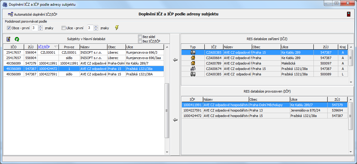 Ruční přiřazení IČZ/IČP Levá část okna zobrazuje seznam Vašich stávajících subjektů.