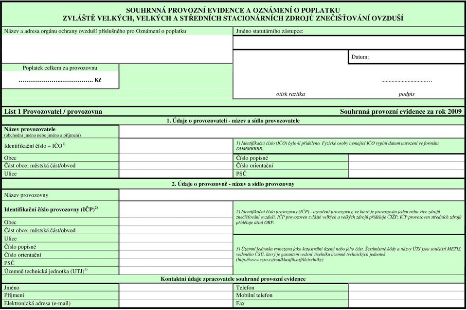 .. otisk razítka podpis List 1 Provozovatel / provozovna Souhrnná provozní evidence za rok 2009 Název provozovatele (obchodní jméno nebo jméno a příjmení) 1.