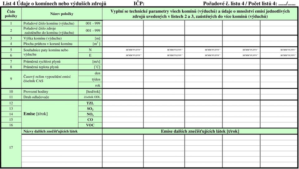 .. Název 1 Pořadové číslo komínu (výduchu) 001-999 2 Pořadové číslo zdroje zaústěného do komína (výduchu) 001-999 3 Výška komínu (výduchu) [m] 4 Plocha průřezu v koruně komínu [m 2 ] Vyplní se