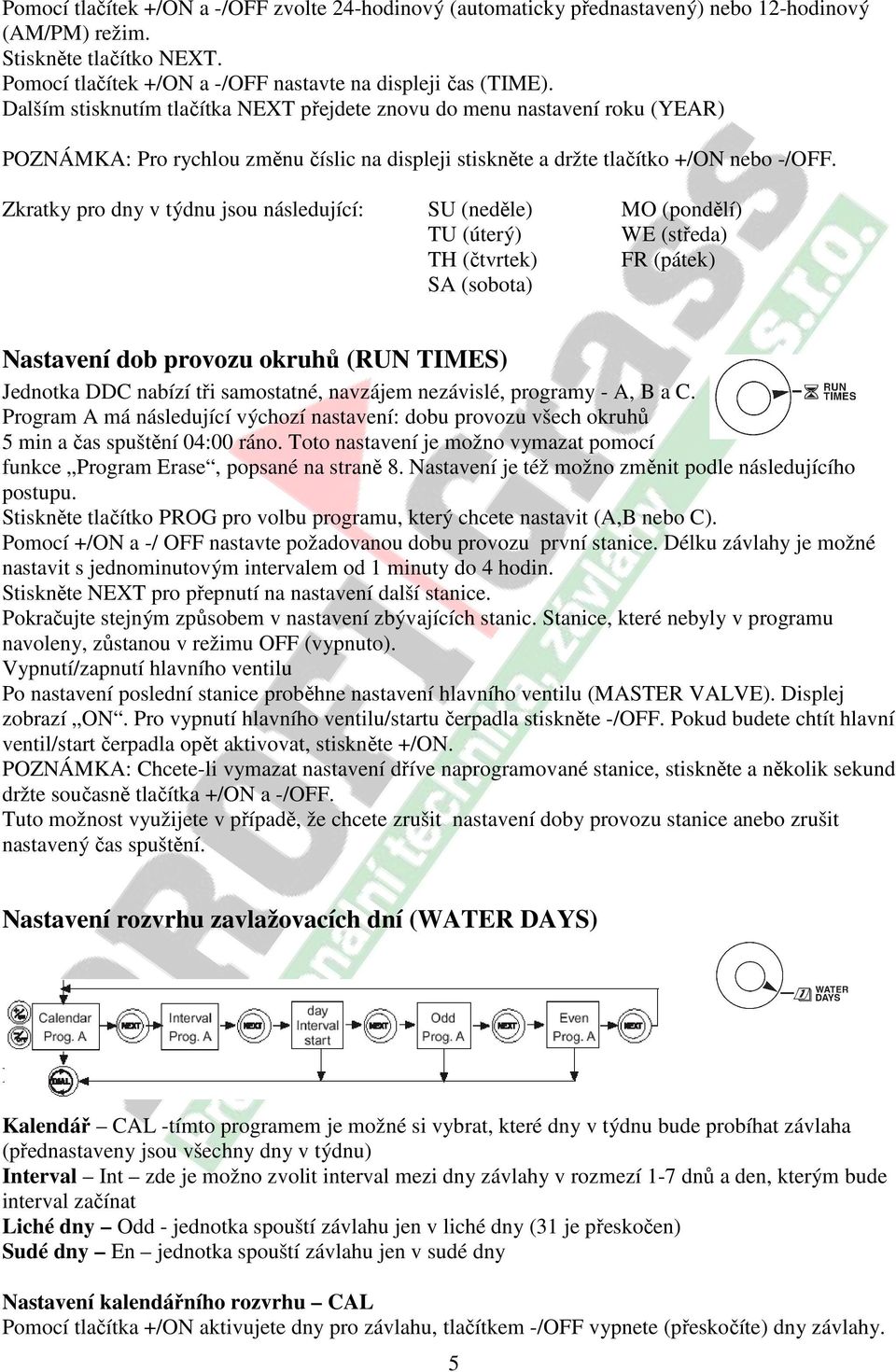 Zkratky pro dny v týdnu jsou následující: SU (neděle) MO (pondělí) TU (úterý) WE (středa) TH (čtvrtek) FR (pátek) SA (sobota) Nastavení dob provozu okruhů (RUN TIMES) Jednotka DDC nabízí tři