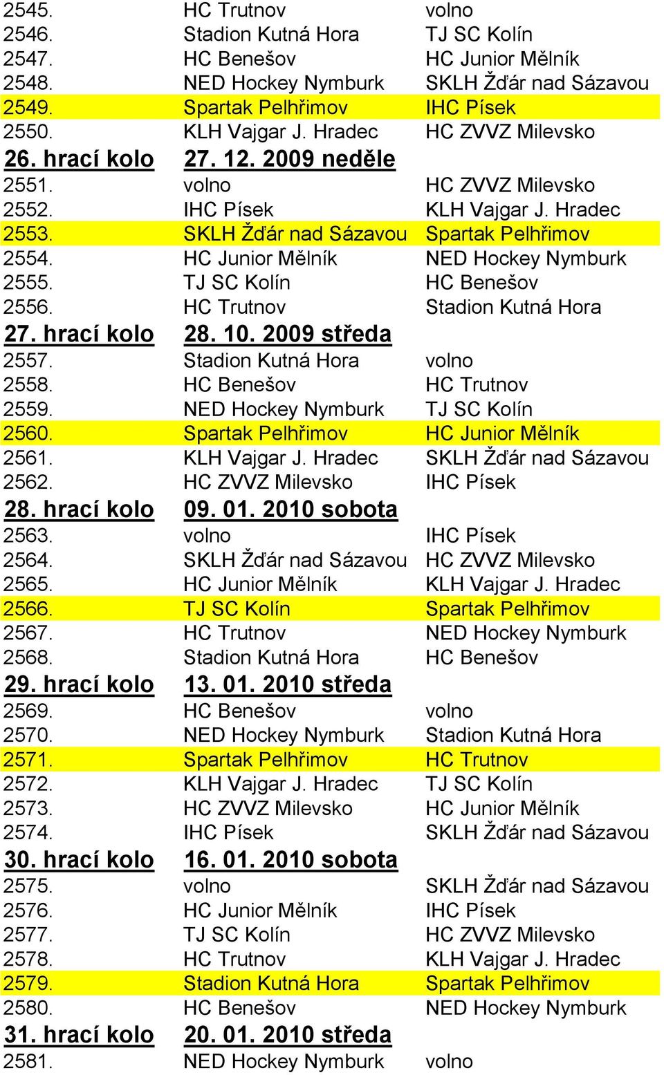 HC Junior Mělník NED Hockey Nymburk 2555. TJ SC Kolín HC Benešov 2556. HC Trutnov Stadion Kutná Hora 27. hrací kolo 28. 10. 2009 středa 2557. Stadion Kutná Hora volno 2558. HC Benešov HC Trutnov 2559.