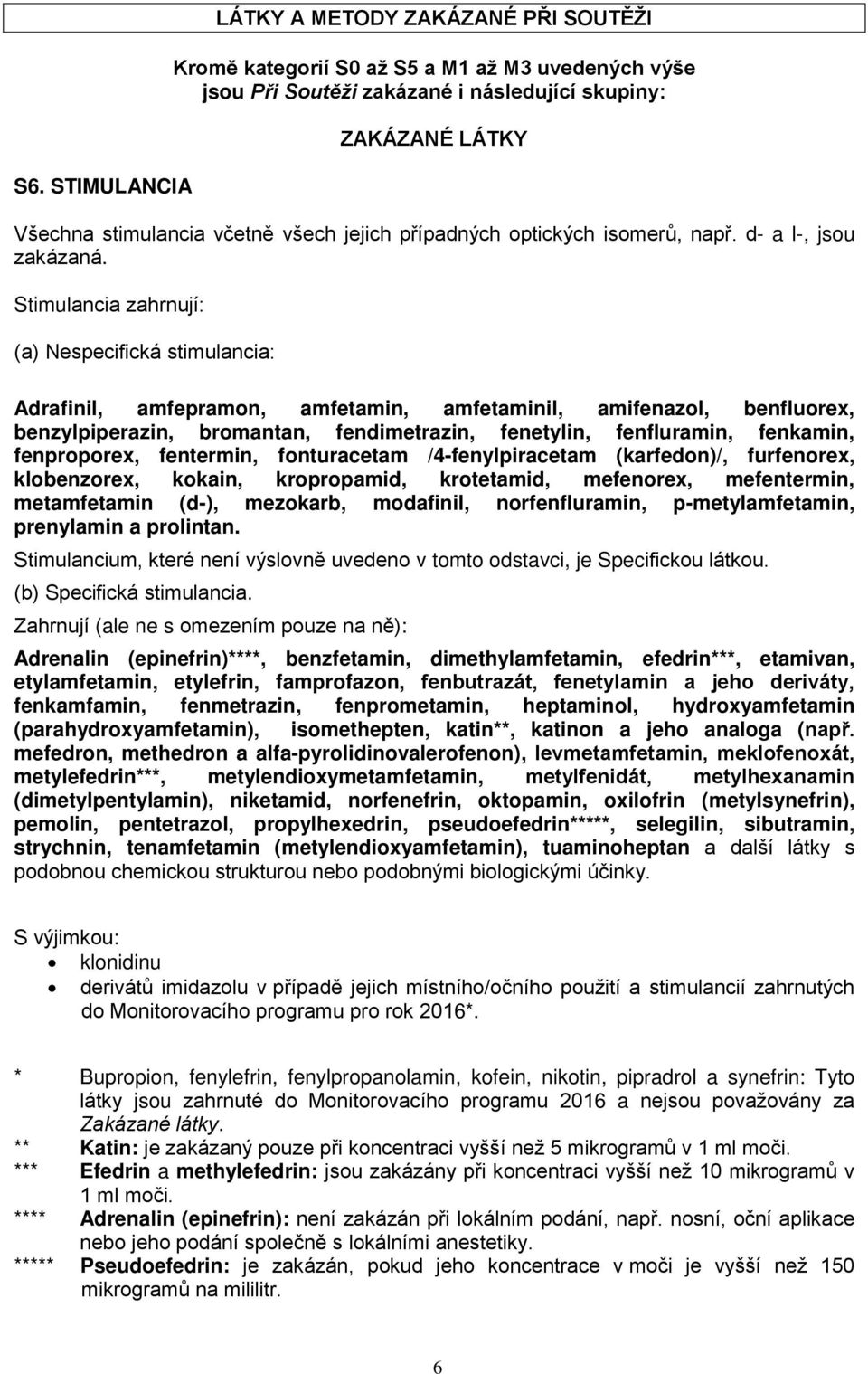 Stimulancia zahrnují: (a) Nespecifická stimulancia: Adrafinil, amfepramon, amfetamin, amfetaminil, amifenazol, benfluorex, benzylpiperazin, bromantan, fendimetrazin, fenetylin, fenfluramin, fenkamin,