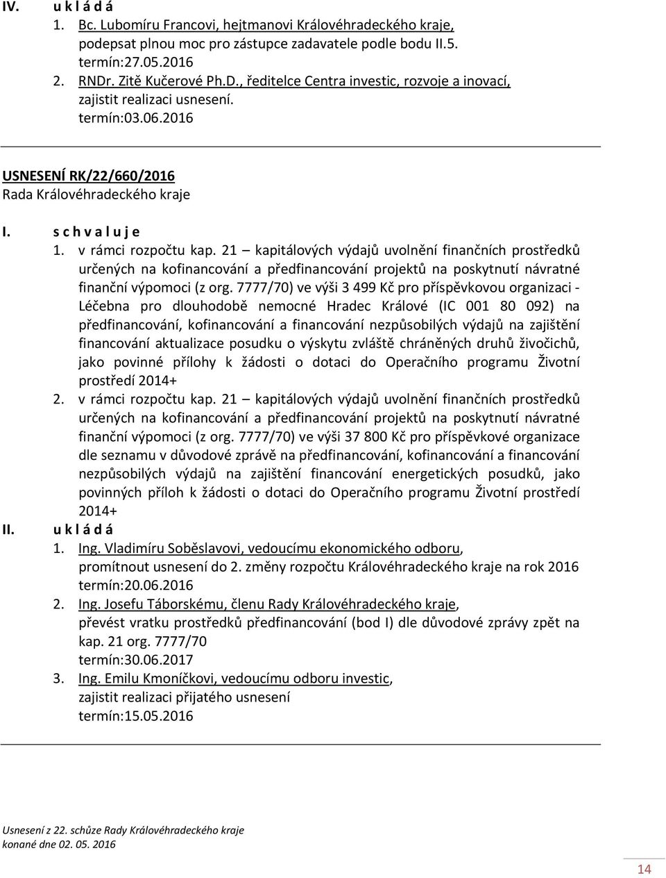 21 kapitálových výdajů uvolnění finančních prostředků určených na kofinancování a předfinancování projektů na poskytnutí návratné finanční výpomoci (z org.