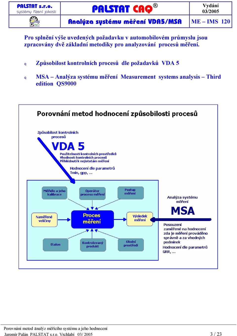 q Způsobilost kontrolních procesů dle požadavků VDA 5 q MSA Analýza systému