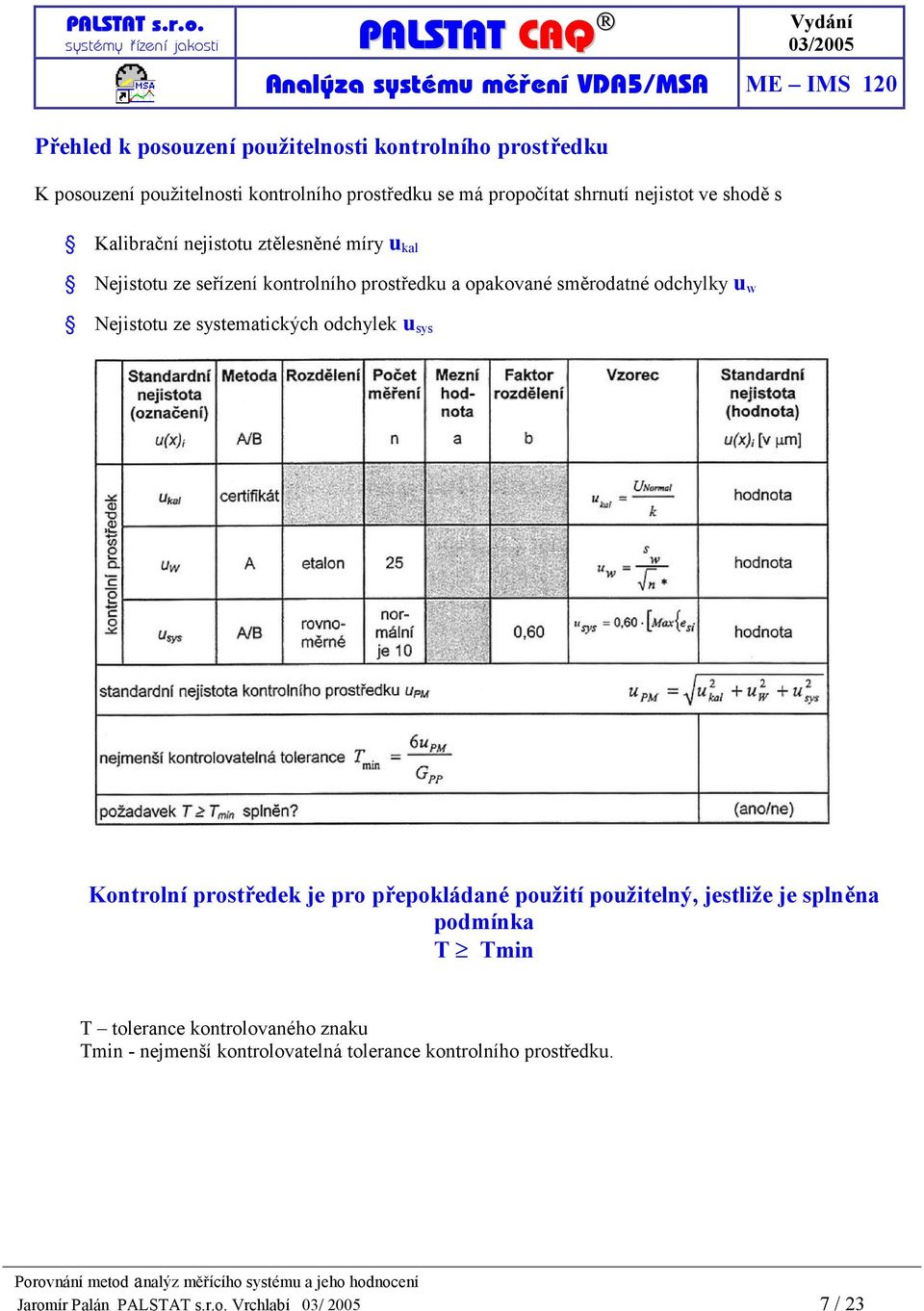 Nejistotu ze systematických odchylek u sys Kontrolní prostředek je pro přepokládané použití použitelný, jestliže je splněna podmínka T Tmin T