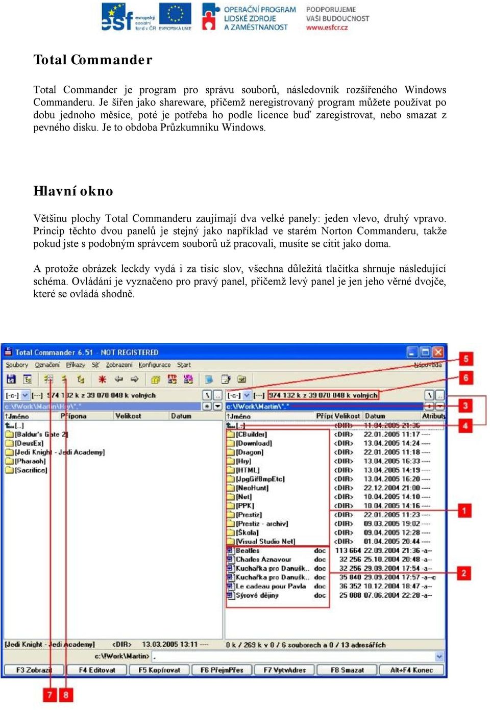 Je to obdoba Průzkumníku Windows. Hlavní okno Většinu plochy Total Commanderu zaujímají dva velké panely: jeden vlevo, druhý vpravo.