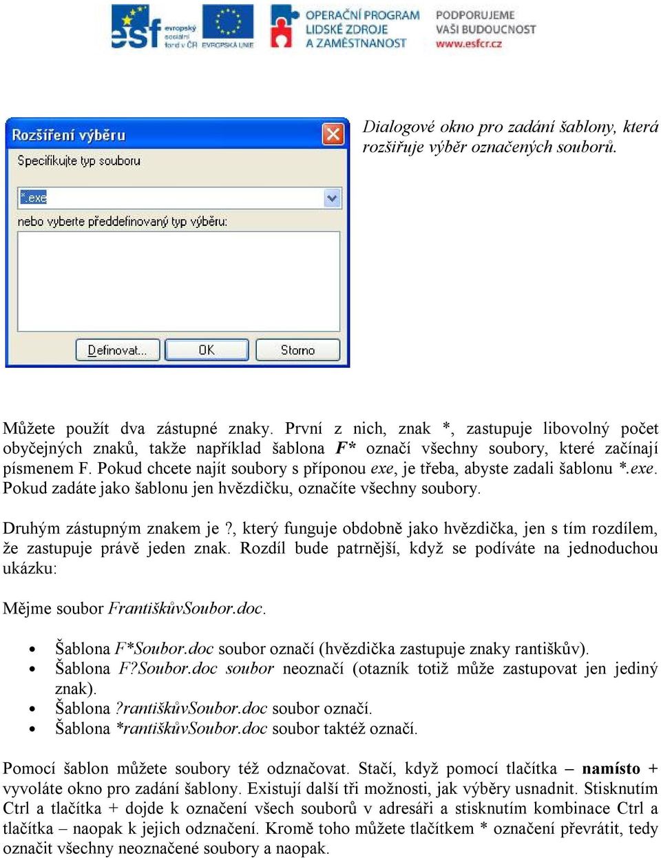 Pokud chcete najít soubory s příponou exe, je třeba, abyste zadali šablonu *.exe. Pokud zadáte jako šablonu jen hvězdičku, označíte všechny soubory. Druhým zástupným znakem je?